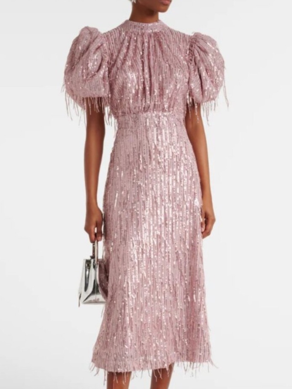 ROTATE Birger Christensen Dawn Sequin Fringe Midi Dress Pink US 4 $700 MSRP